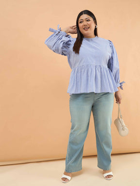 Blue Stripes Sleeves Tie-Knot Peplum Top -SASSAFRAS Curve