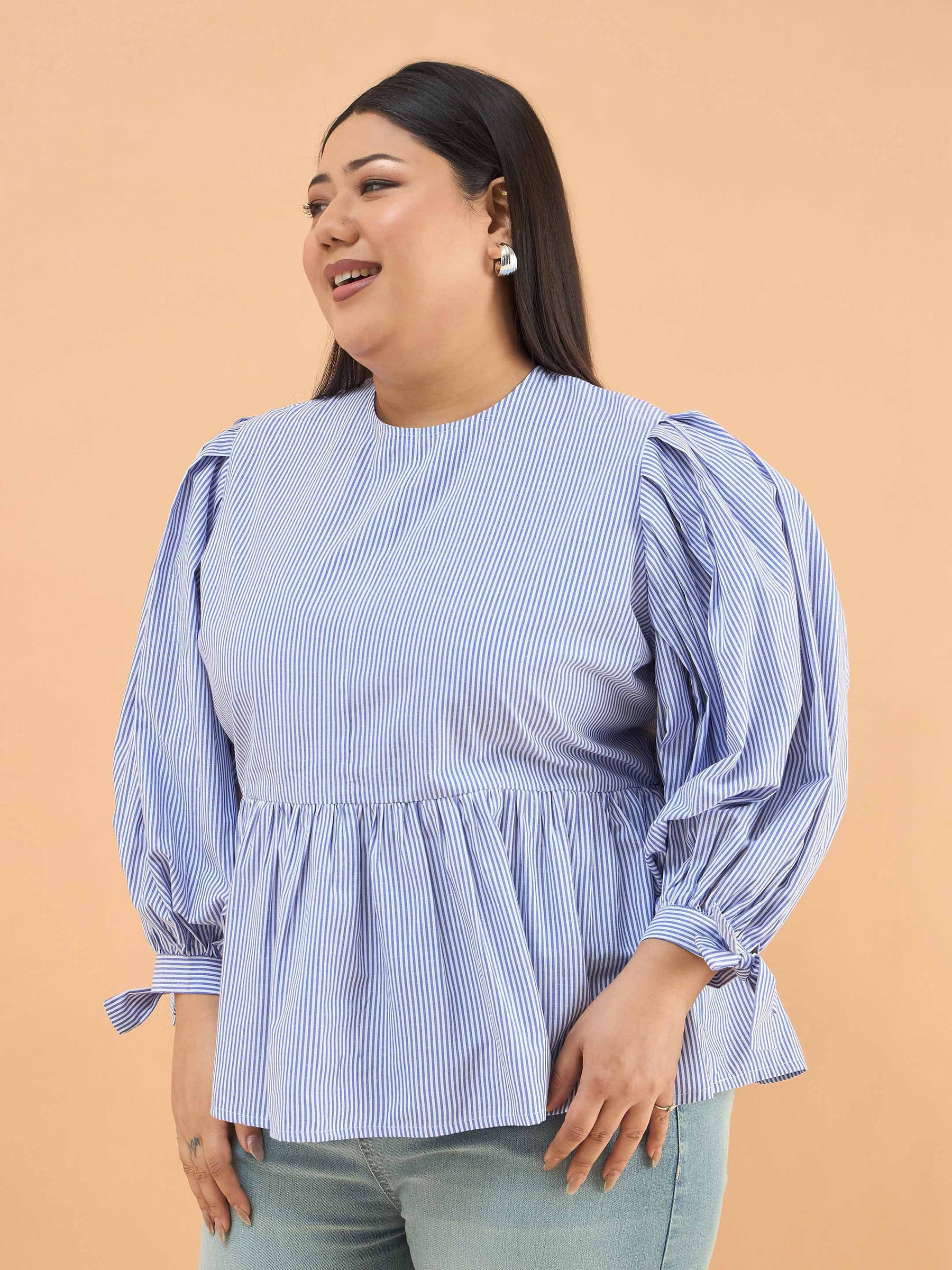 Blue Stripes Sleeves Tie-Knot Peplum Top -SASSAFRAS Curve