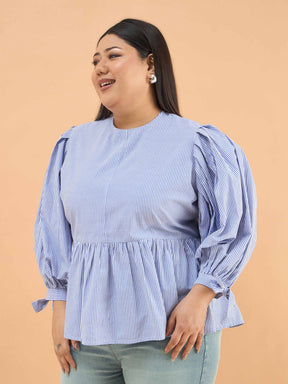 Blue Stripes Sleeves Tie-Knot Peplum Top -SASSAFRAS Curve