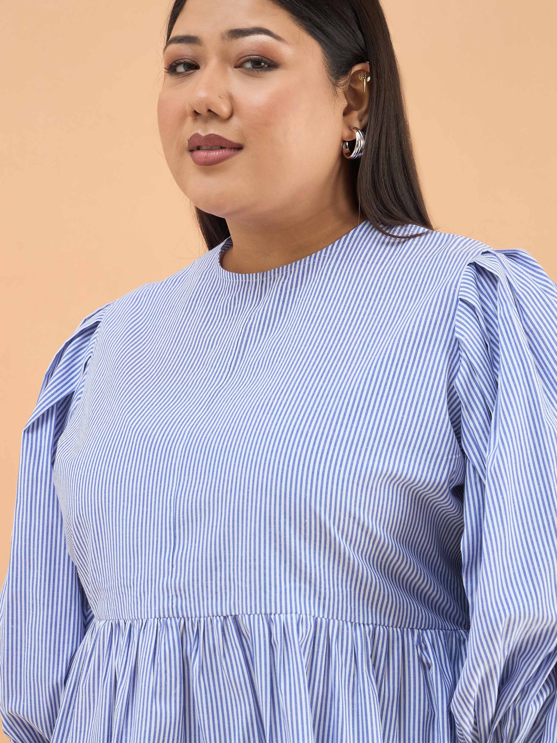 Blue Stripes Sleeves Tie-Knot Peplum Top -SASSAFRAS Curve