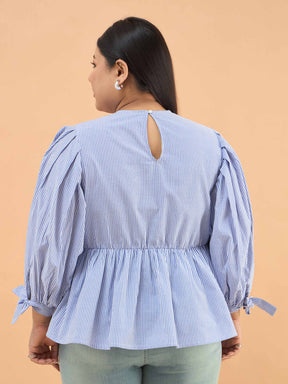 Blue Stripes Sleeves Tie-Knot Peplum Top -SASSAFRAS Curve