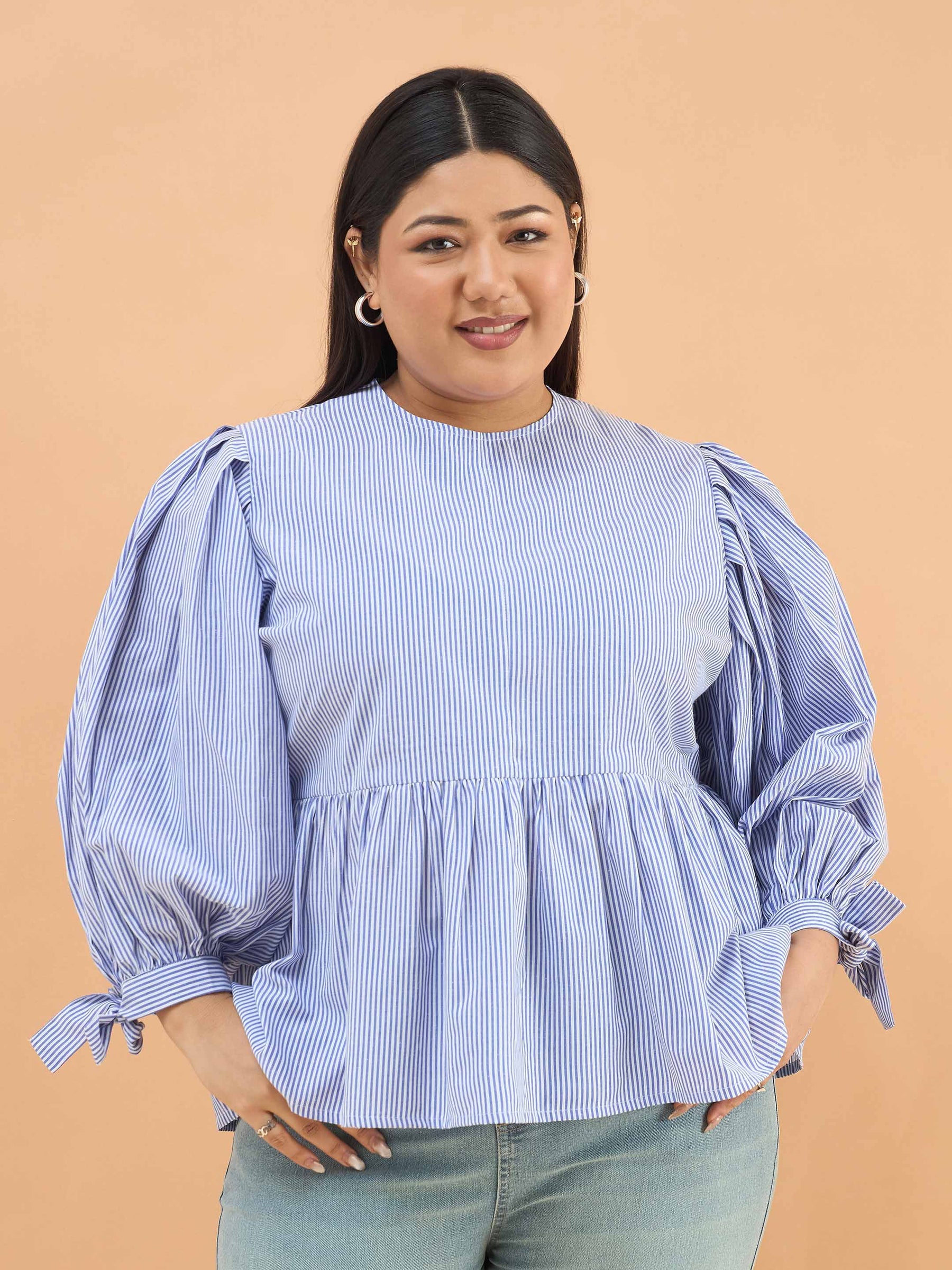 Women Blue Stripes Sleeves Tie-Knot Peplum Top