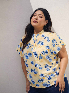 Yellow Floral Mandarin Collar Regular Top-SASSAFRAS Curve
