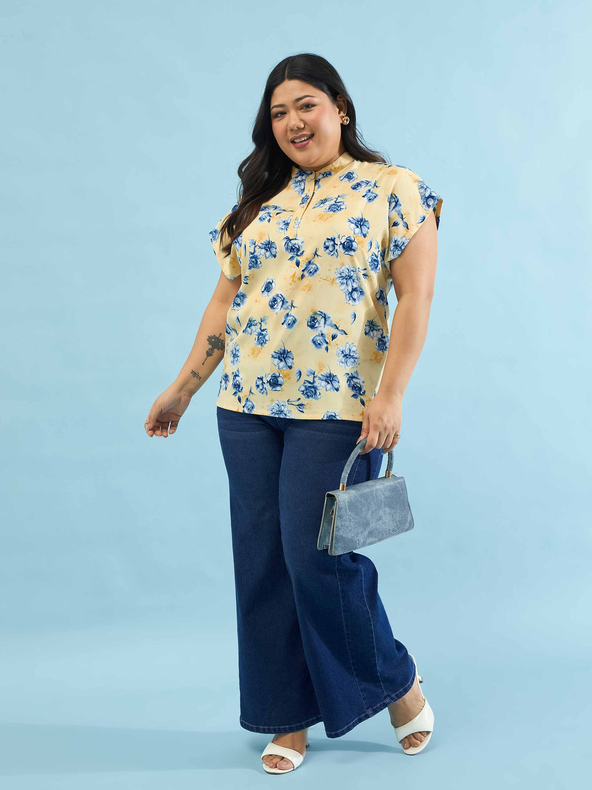 Yellow Floral Mandarin Collar Regular Top-SASSAFRAS Curve