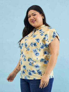 Yellow Floral Mandarin Collar Regular Top-SASSAFRAS Curve