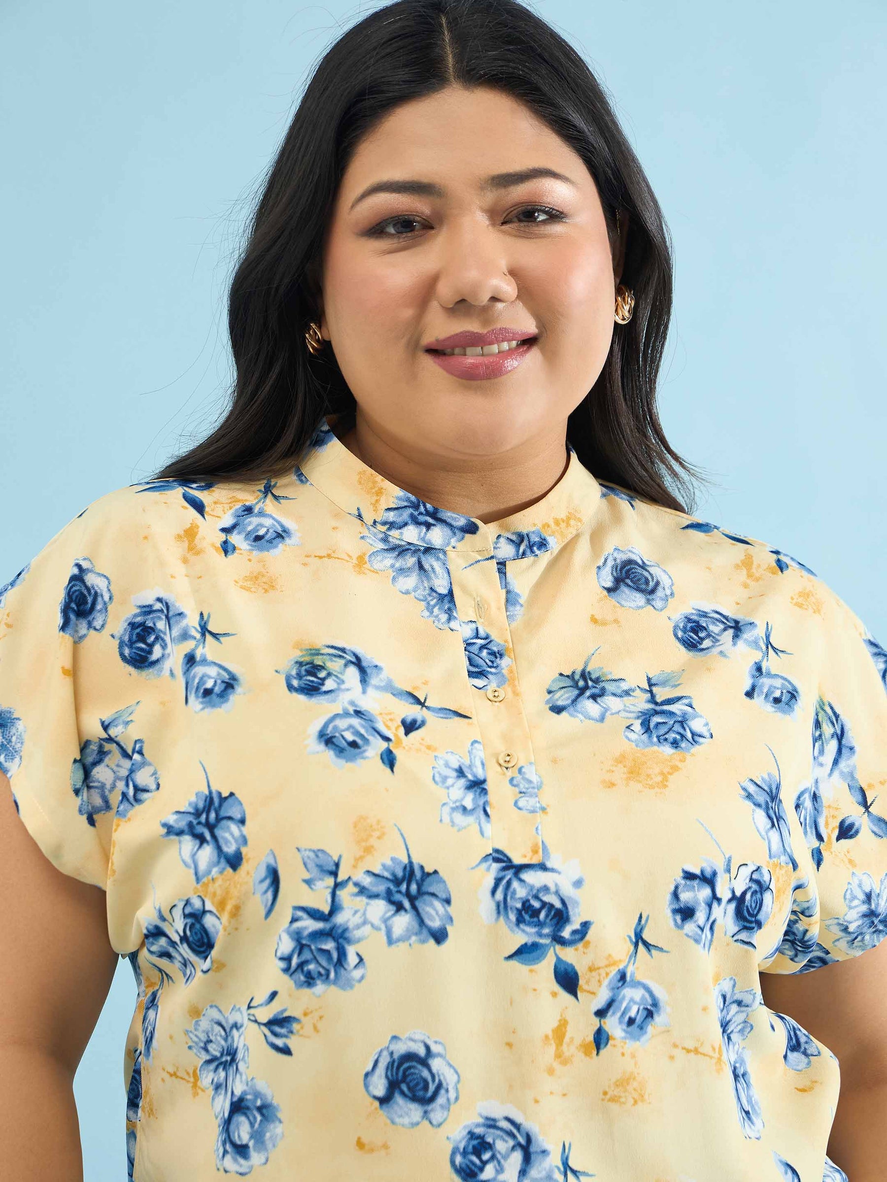 Yellow Floral Mandarin Collar Regular Top-SASSAFRAS Curve