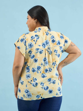Yellow Floral Mandarin Collar Regular Top-SASSAFRAS Curve