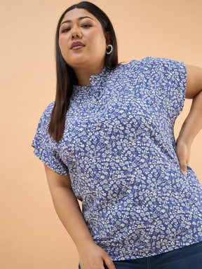 Blue Ditsy Floral Mandarin Collar Regular Top-SASSAFRAS Curve