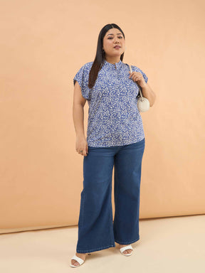 Blue Ditsy Floral Mandarin Collar Regular Top-SASSAFRAS Curve