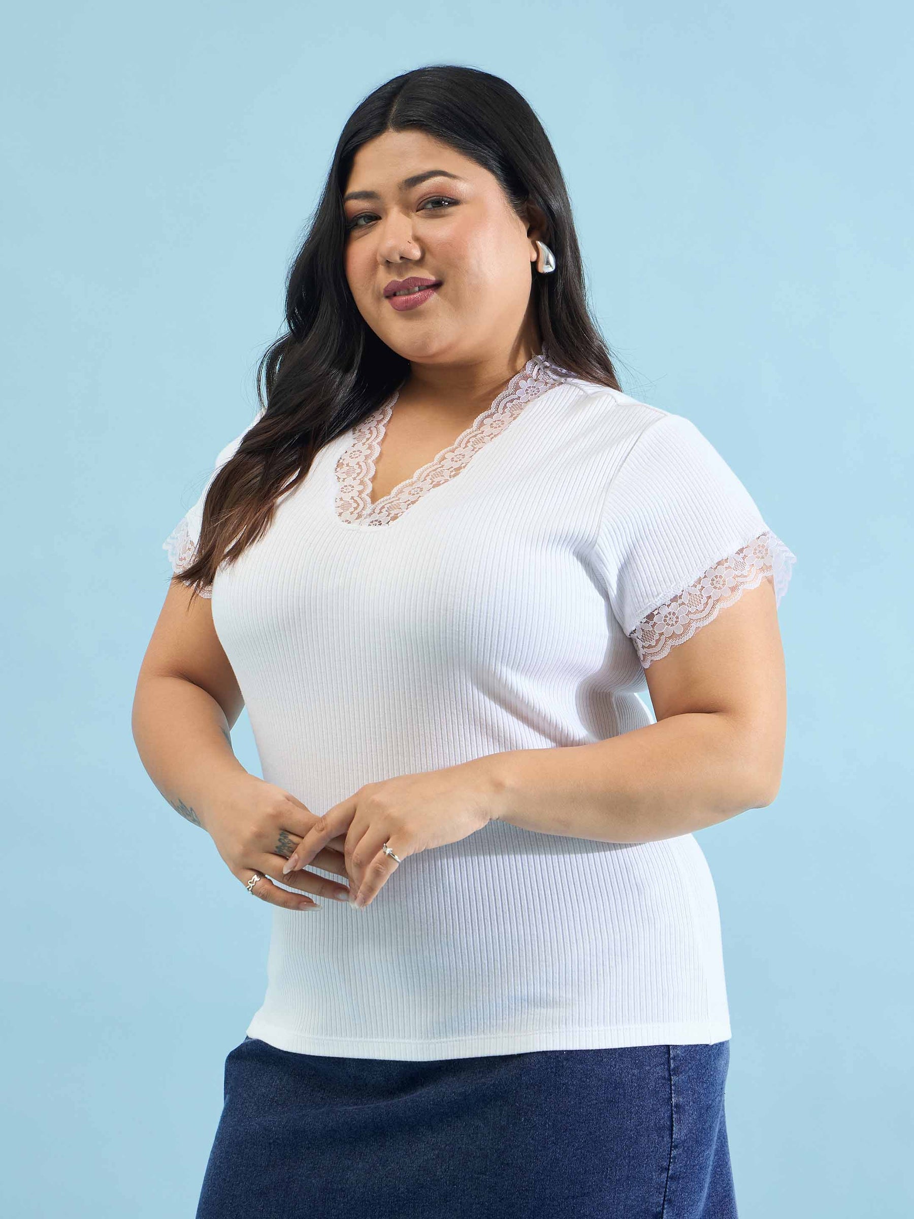 White Rib V Neck Lace Top-SASSAFRAS Curve