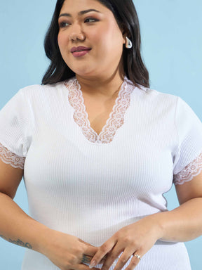 White Rib V Neck Lace Top-SASSAFRAS Curve