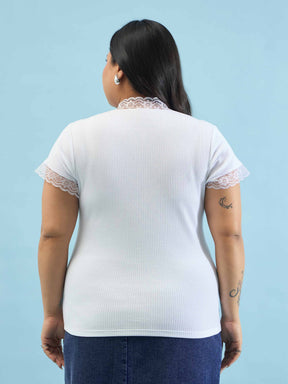 White Rib V Neck Lace Top-SASSAFRAS Curve