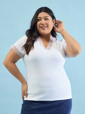 Women White Rib V Neck Lace Top