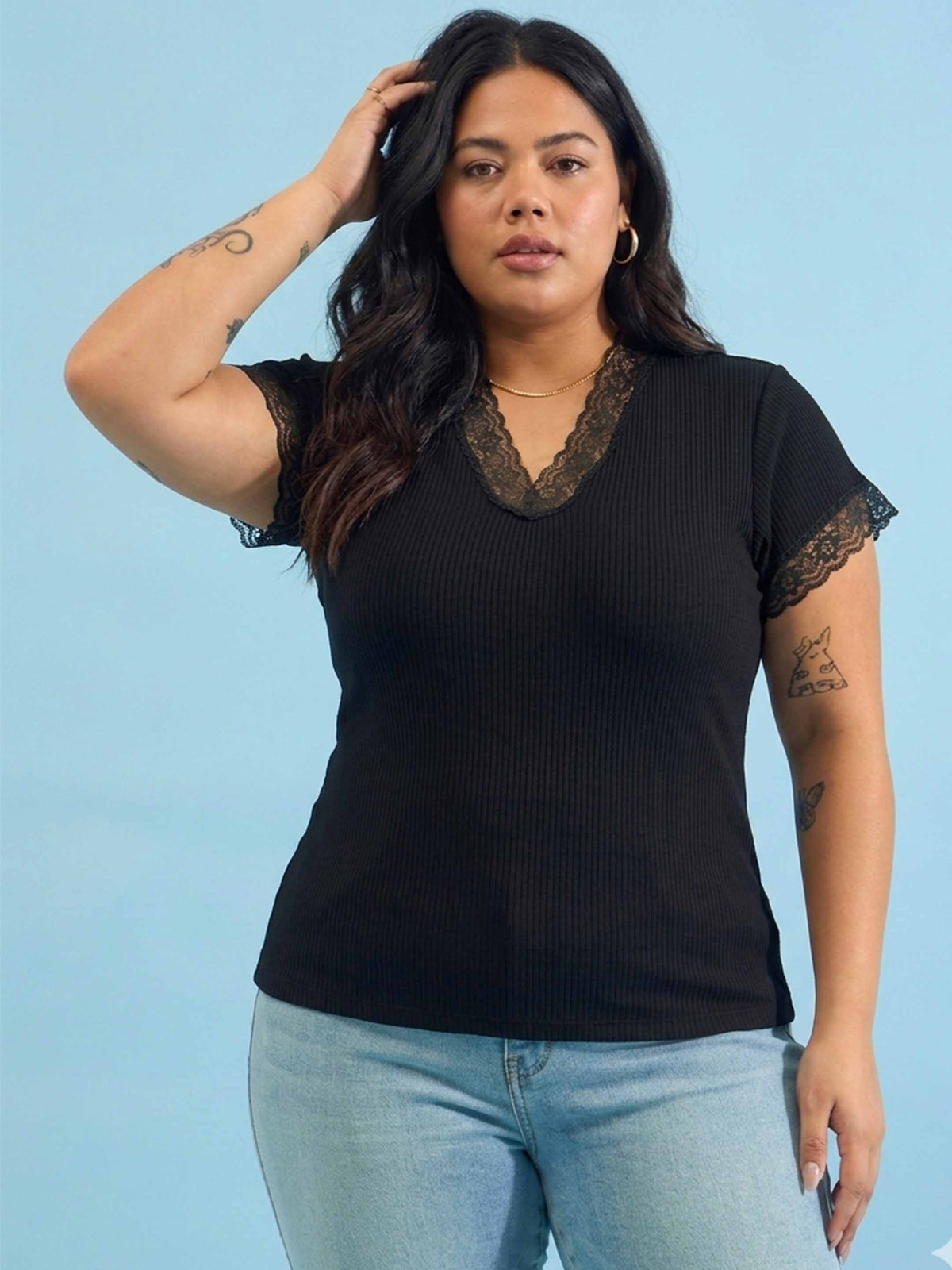 Black Rib V Neck Lace Top-SASSAFRAS Curve