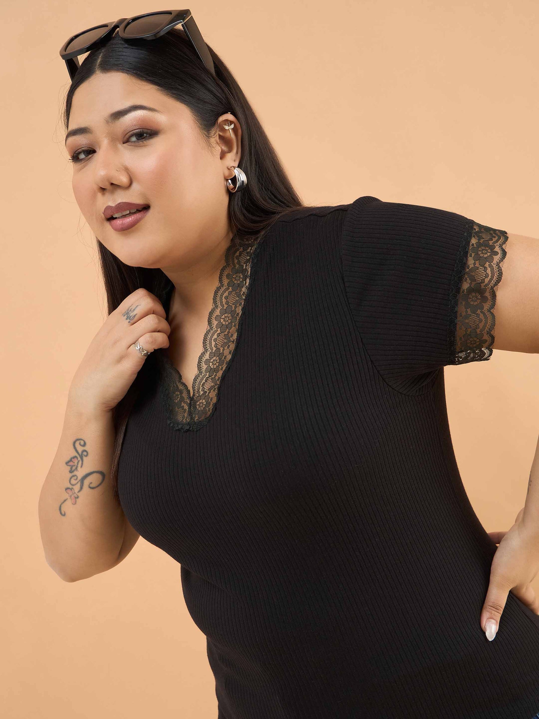 Buy Women Black Rib V Neck Lace Top Online at Best Price - Sassafras Buy Women Black Rib V Neck Lace Top Online at Best Price - Sassafras