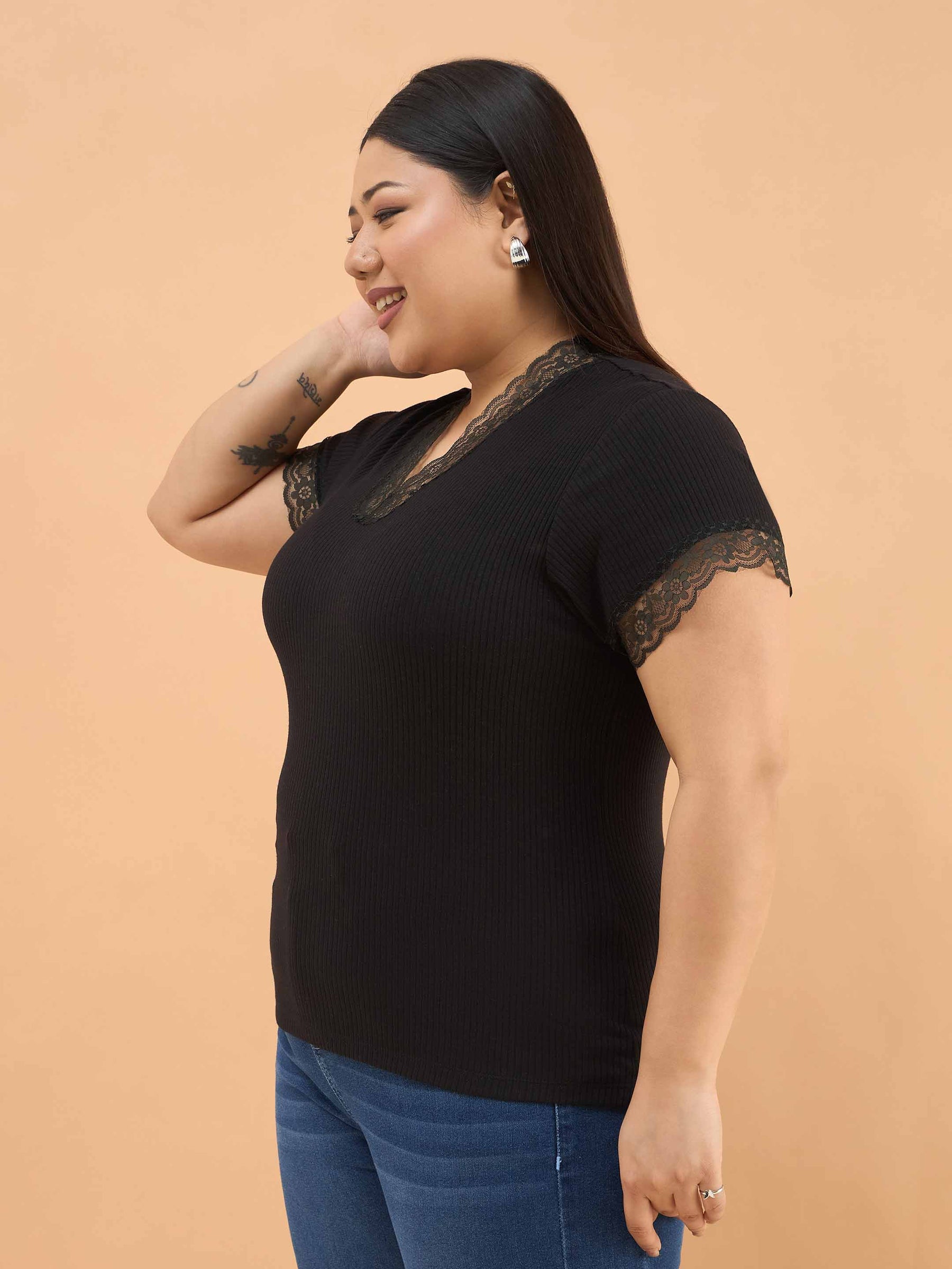 Black Rib V Neck Lace Top-SASSAFRAS Curve