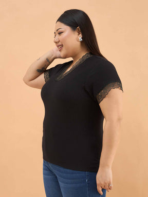 Black Rib V Neck Lace Top-SASSAFRAS Curve