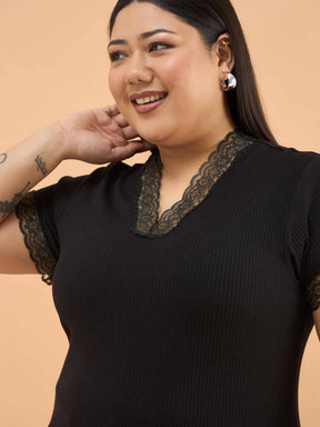 Black Rib V Neck Lace Top-SASSAFRAS Curve