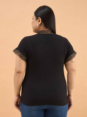 Black Rib V Neck Lace Top-SASSAFRAS Curve