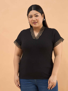 Women Black Rib V Neck Lace Top