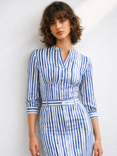 Blue Linen Striped V Neck Front Button Top-SASSAFRAS worklyf