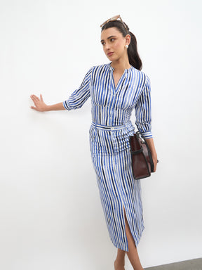 Blue Linen Striped V Neck Front Button Top-SASSAFRAS worklyf