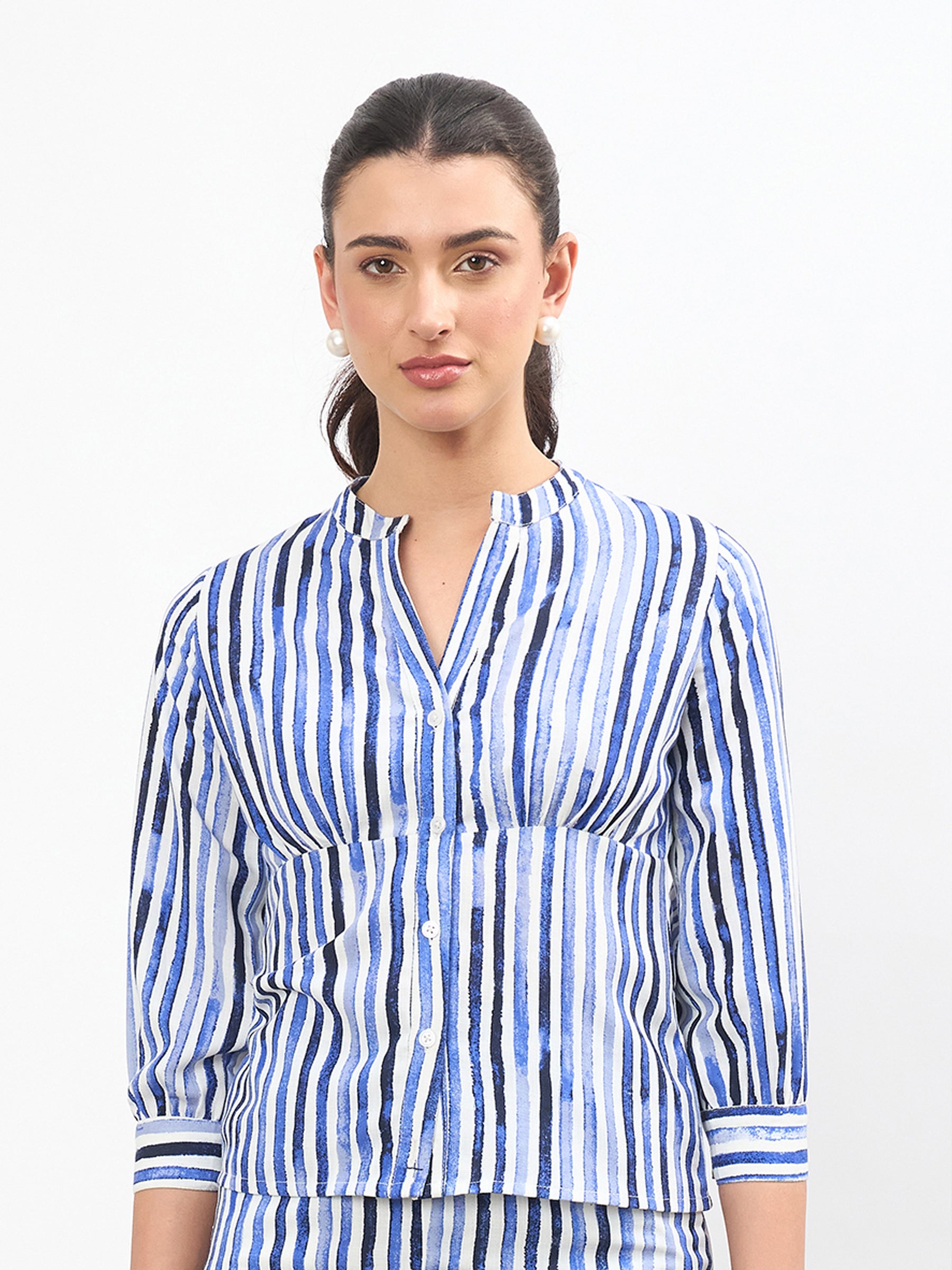 Blue Linen Striped V Neck Front Button Top-SASSAFRAS worklyf
