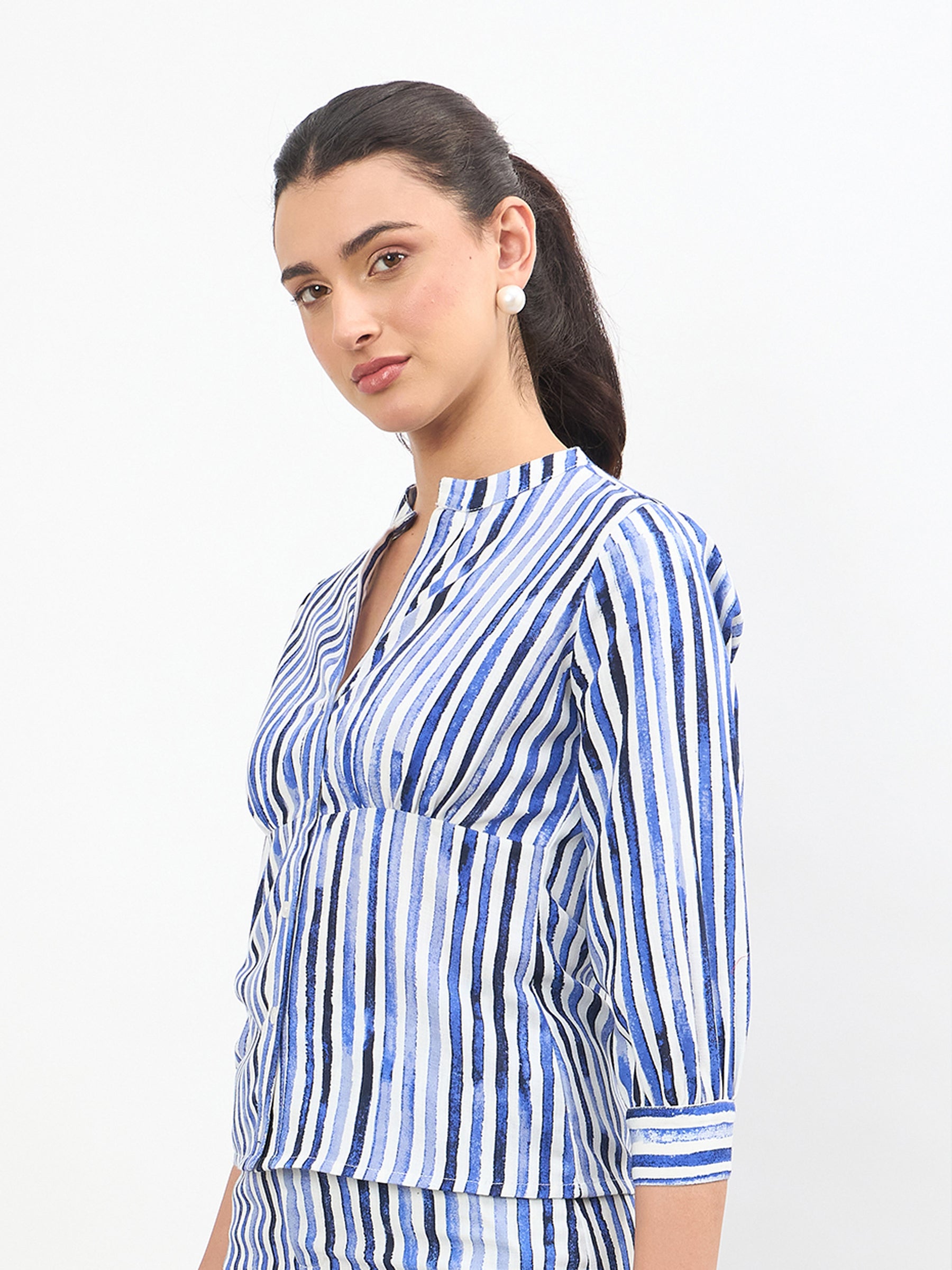 Blue Linen Striped V Neck Front Button Top-SASSAFRAS worklyf