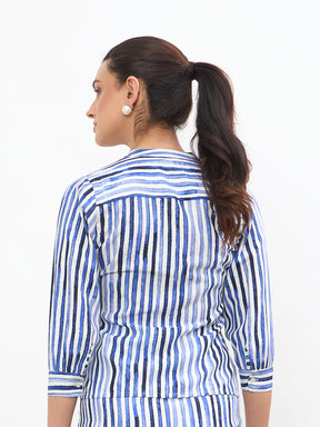 Women Blue Linen Striped V Neck Front Button Top