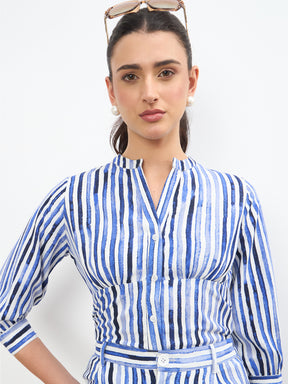 Blue Linen Striped V-Neck Button Top With A-Line Midi Skirt-SASSAFRAS worklyf