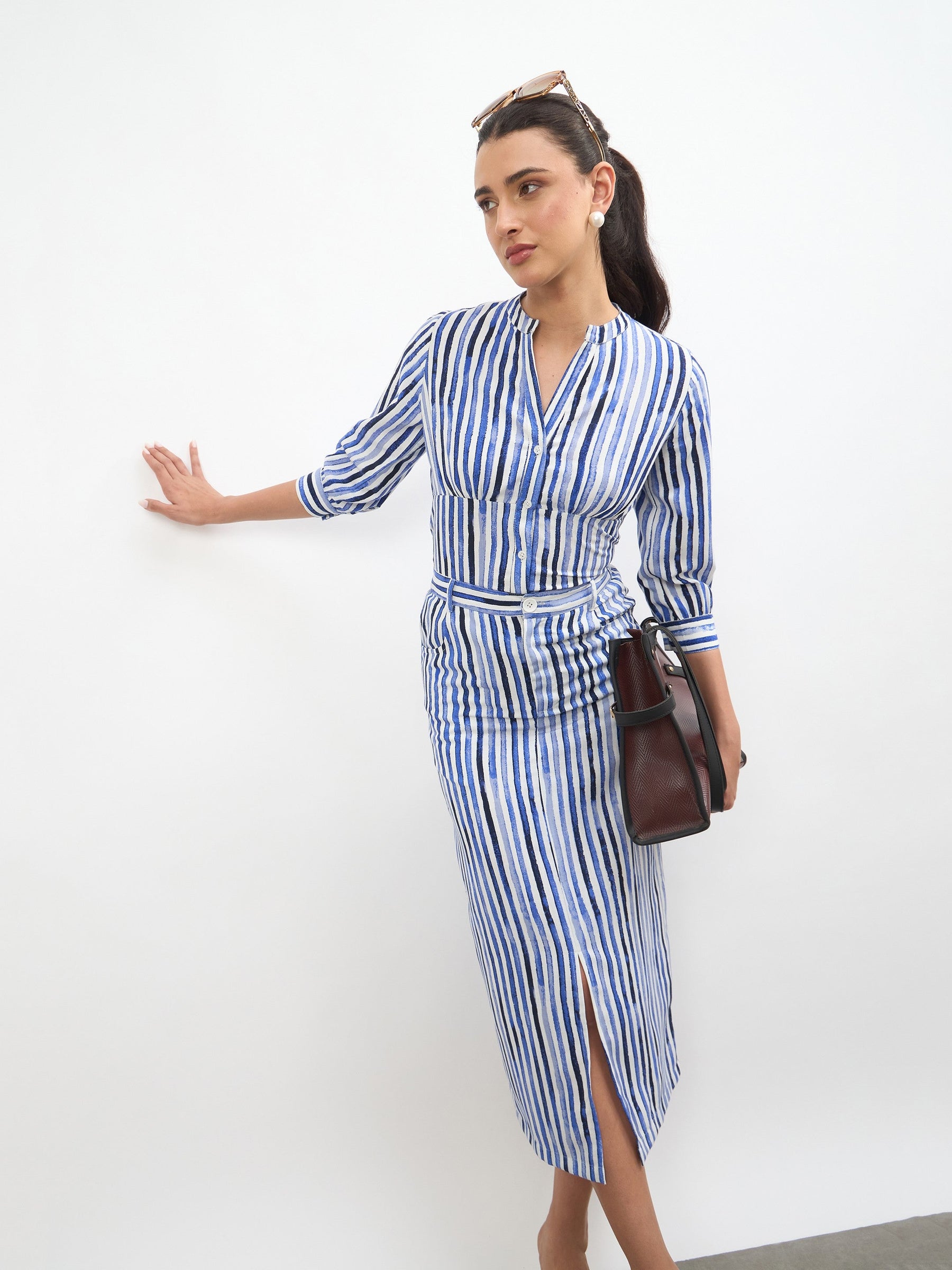 Women Blue Linen Striped V-Neck Button Top With A-Line Midi Skirt