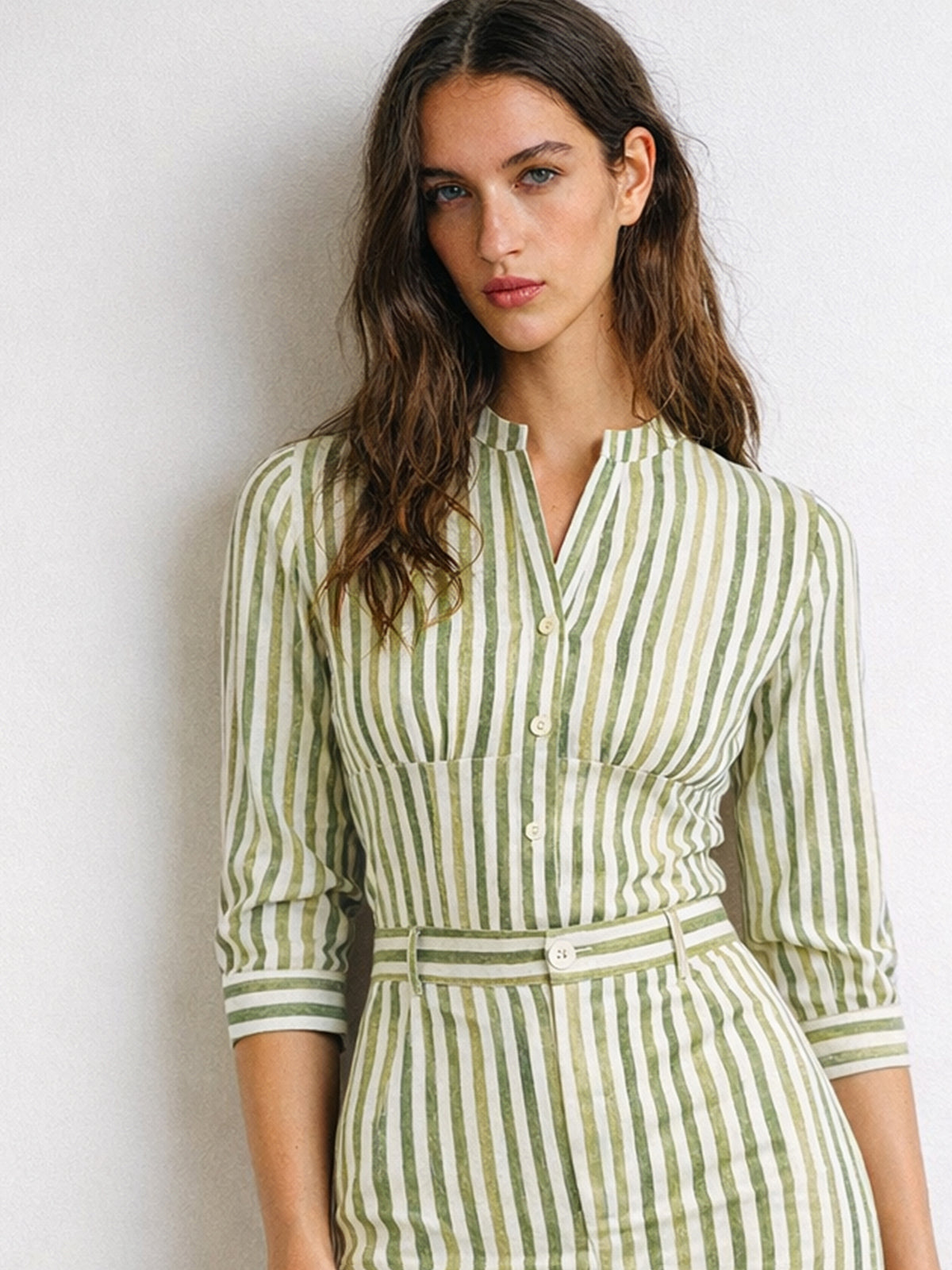 Green Linen Striped V Neck Front Button Top-SASSAFRAS worklyf