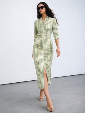 Green Linen Striped V Neck Front Button Top-SASSAFRAS worklyf