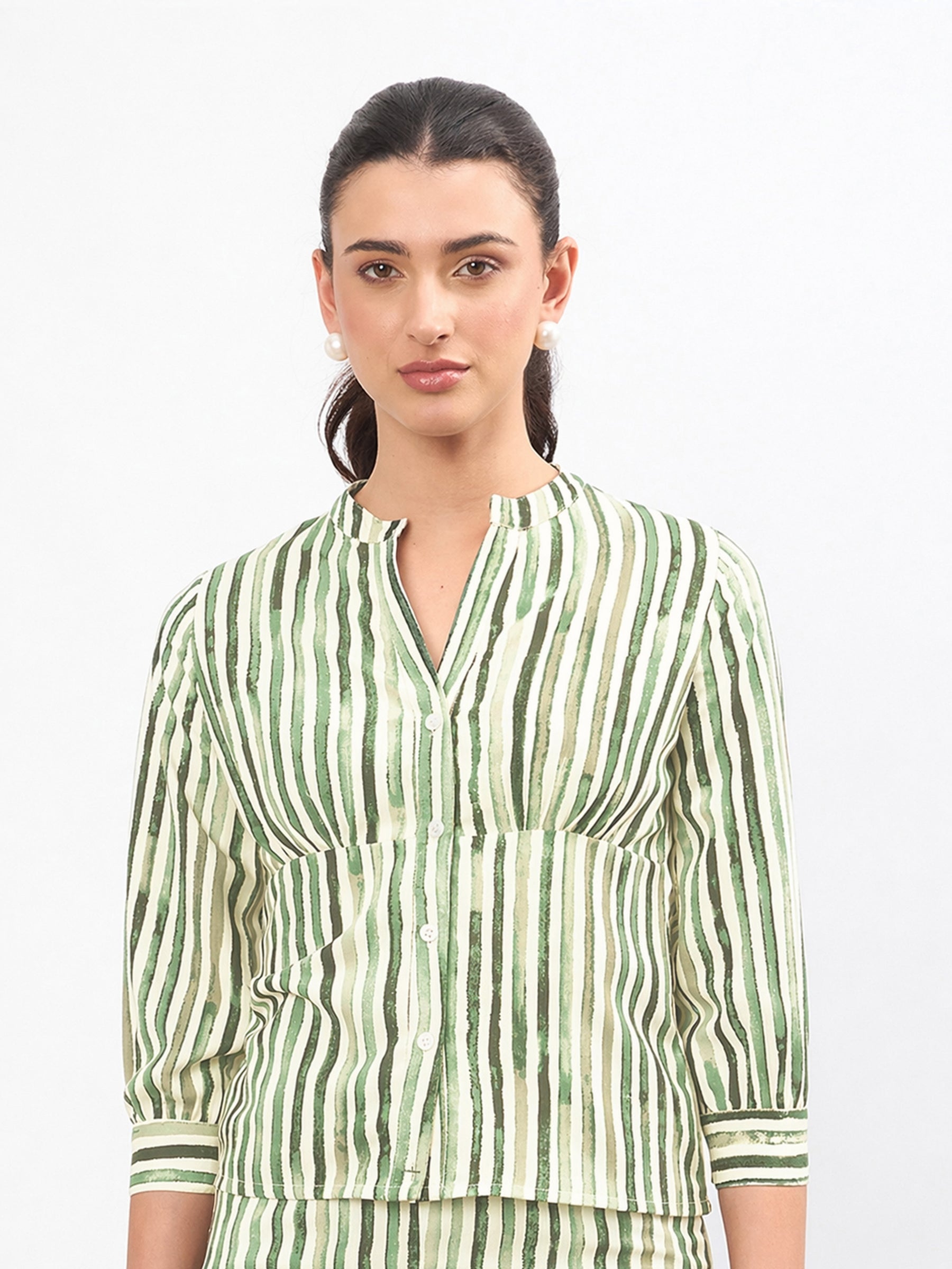 Green Linen Striped V Neck Front Button Top-SASSAFRAS worklyf