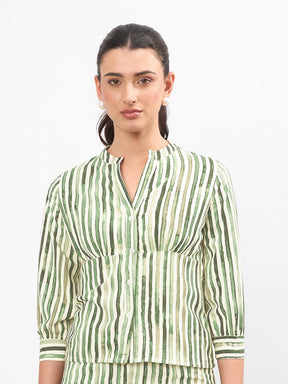 Green Linen Striped V Neck Front Button Top-SASSAFRAS worklyf