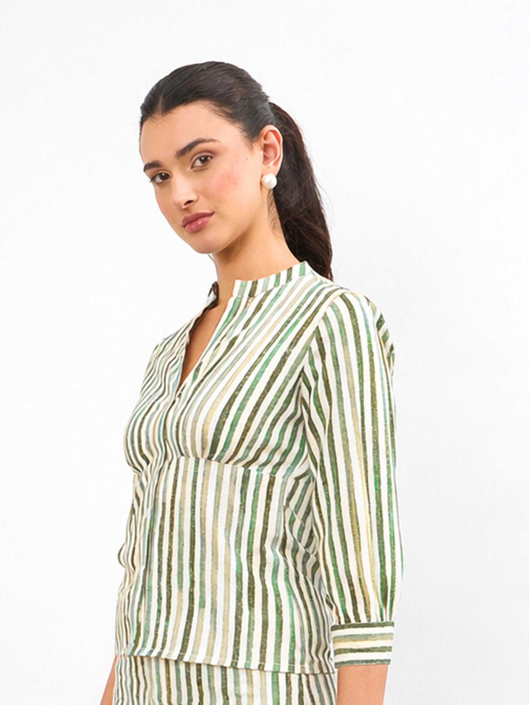 Green Linen Striped V Neck Front Button Top-SASSAFRAS worklyf