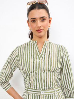 Green Linen Striped V Neck Front Button Top-SASSAFRAS worklyf