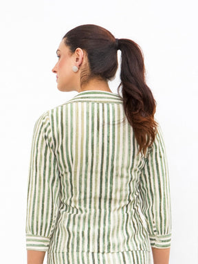 Women Green Linen Striped V Neck Front Button Top
