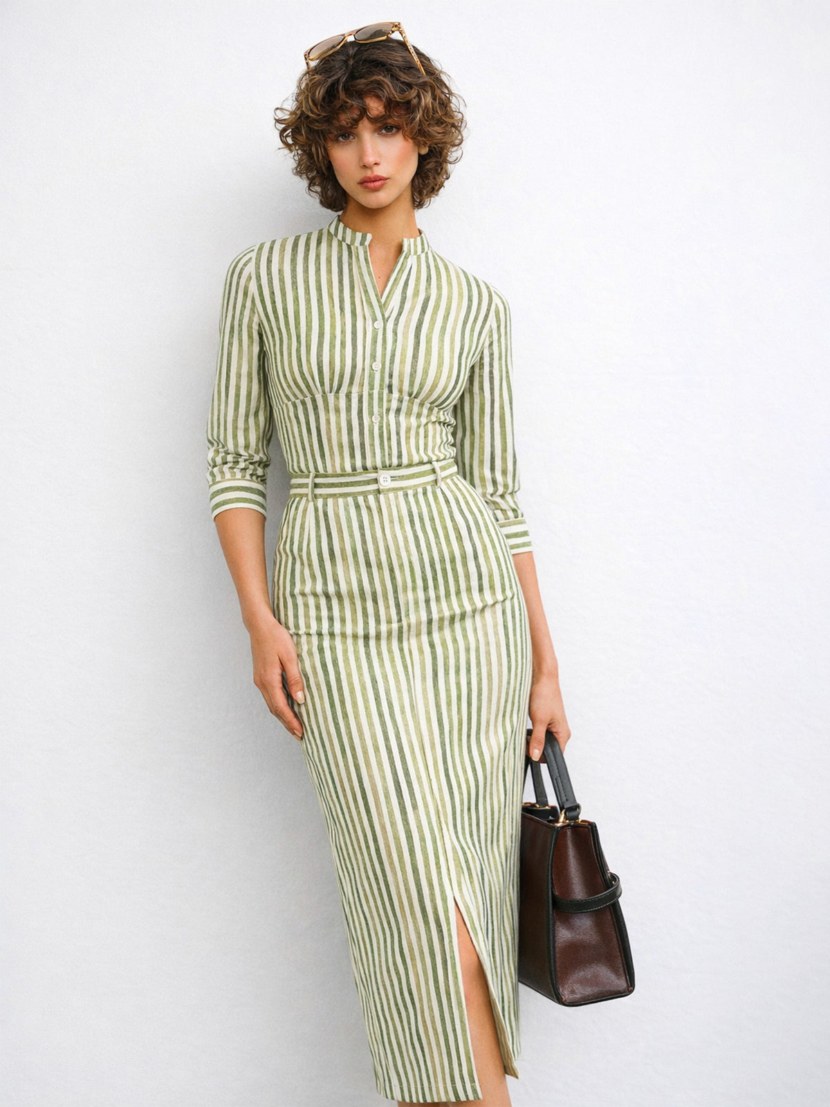 Green Linen Striped V-Neck Button Top With A-Line Midi Skirt-SASSAFRAS worklyf
