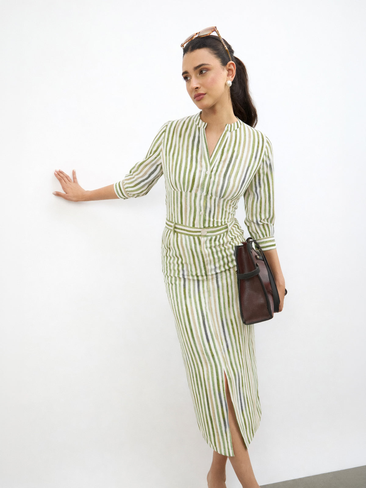 Green Linen Striped V-Neck Button Top With A-Line Midi Skirt-SASSAFRAS worklyf