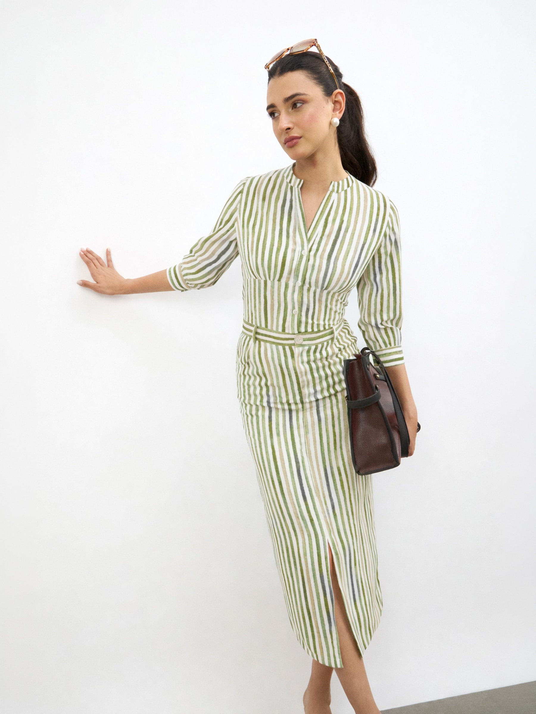 Green Linen Striped V-Neck Button Top With A-Line Midi Skirt-SASSAFRAS worklyf