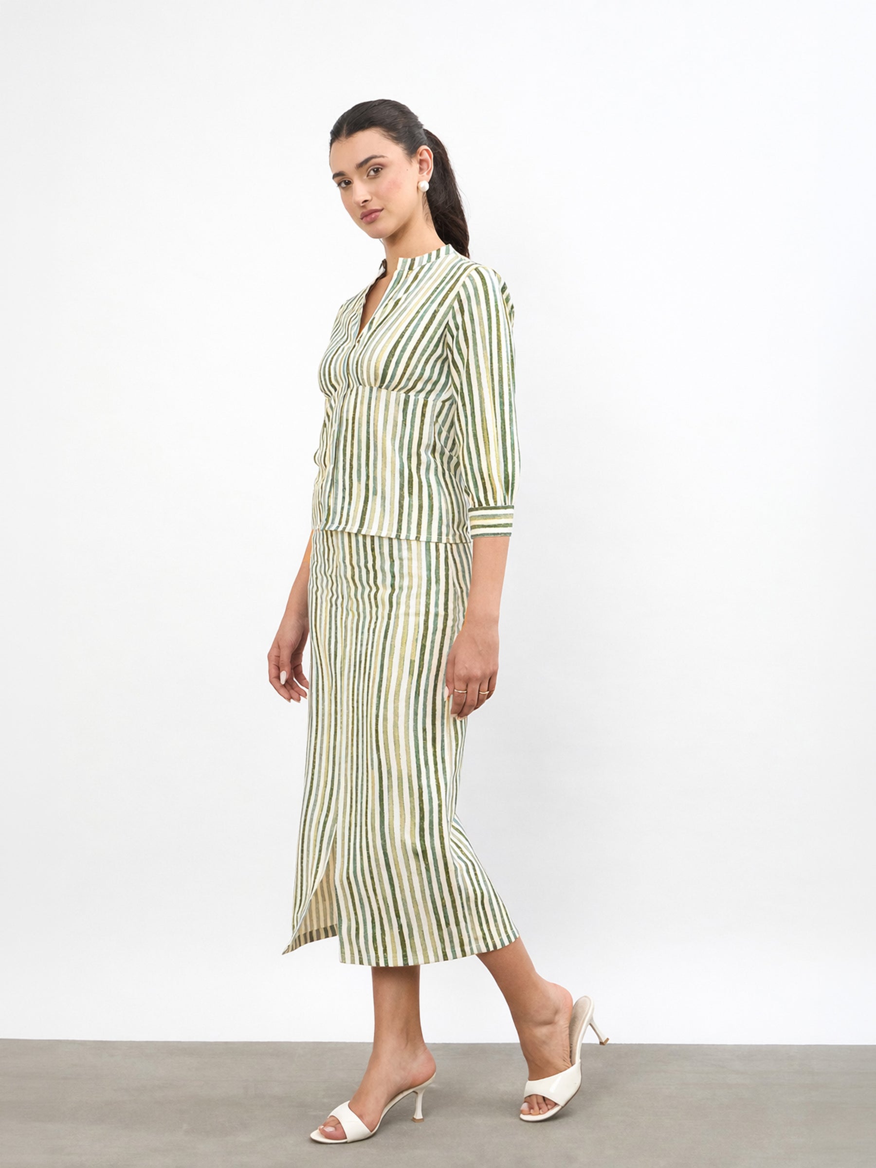 Green Linen Striped V-Neck Button Top With A-Line Midi Skirt-SASSAFRAS worklyf