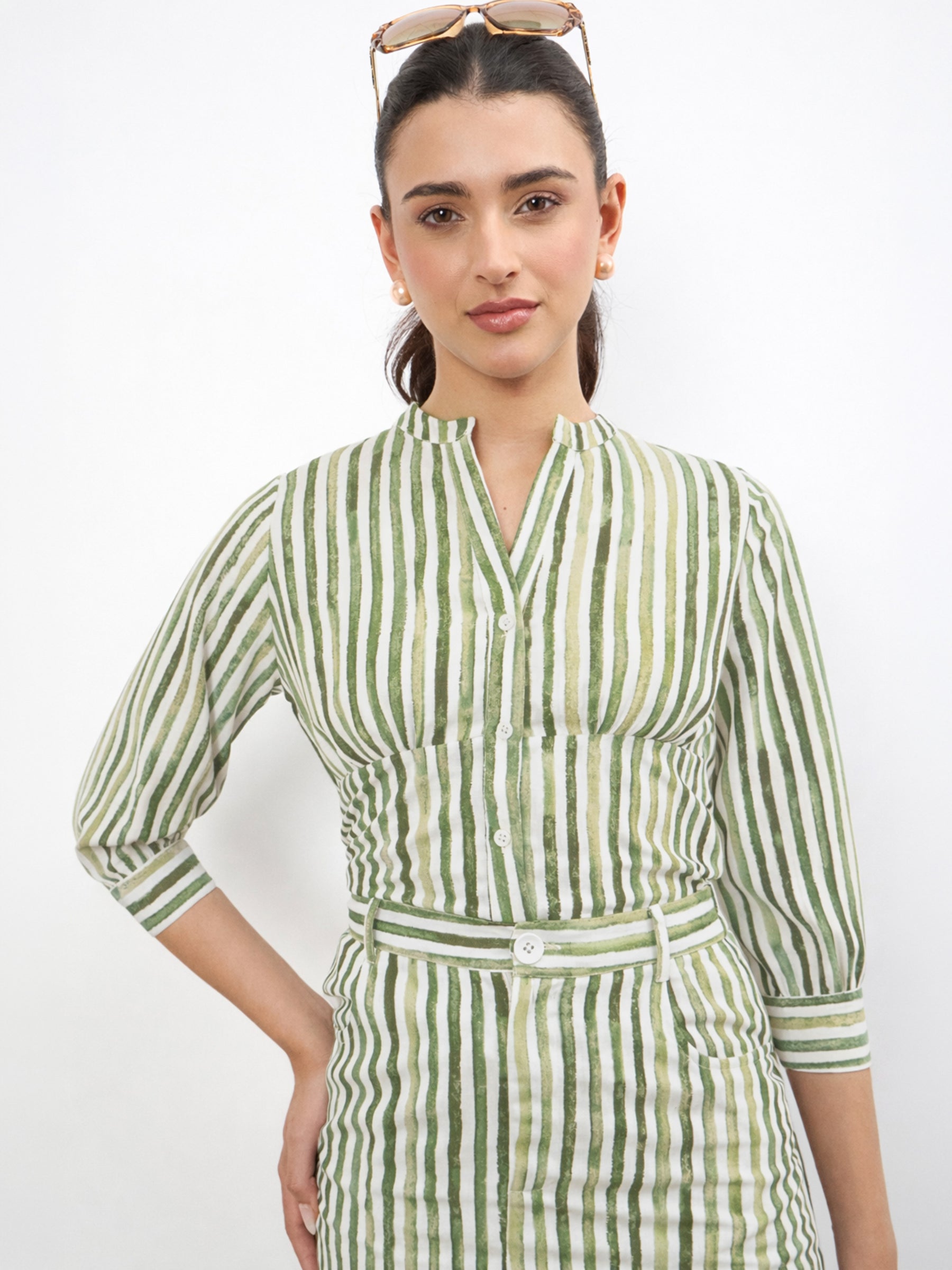 Green Linen Striped V-Neck Button Top With A-Line Midi Skirt-SASSAFRAS worklyf