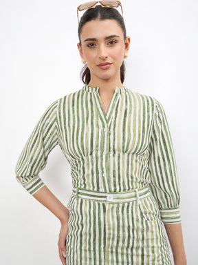 Green Linen Striped V-Neck Button Top With A-Line Midi Skirt-SASSAFRAS worklyf