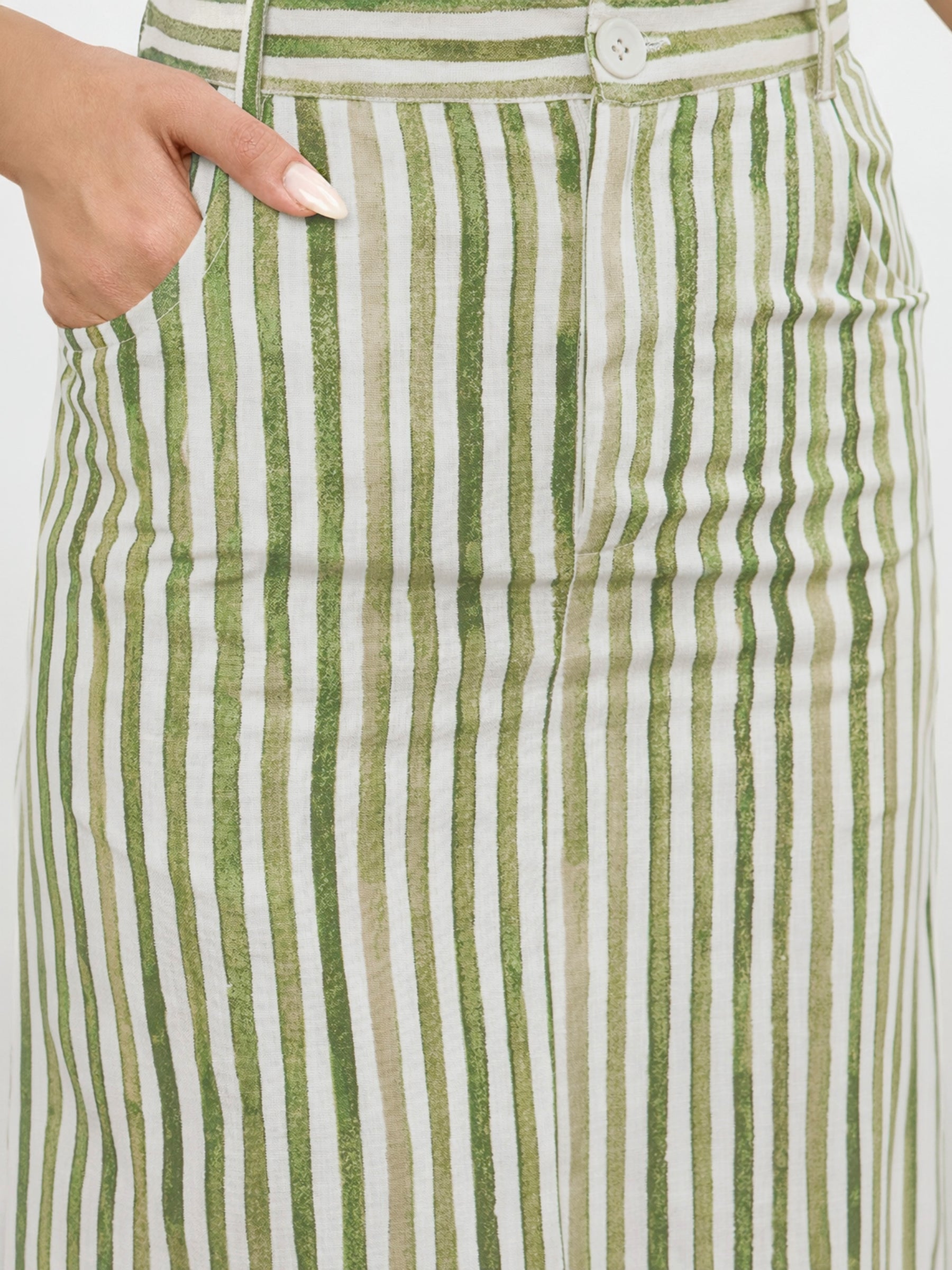 Green Linen Striped V-Neck Button Top With A-Line Midi Skirt-SASSAFRAS worklyf