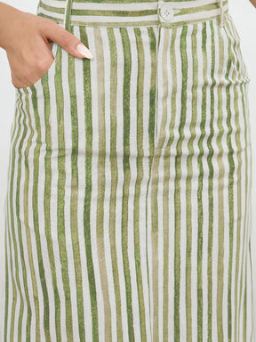 Green Linen Striped V-Neck Button Top With A-Line Midi Skirt-SASSAFRAS worklyf