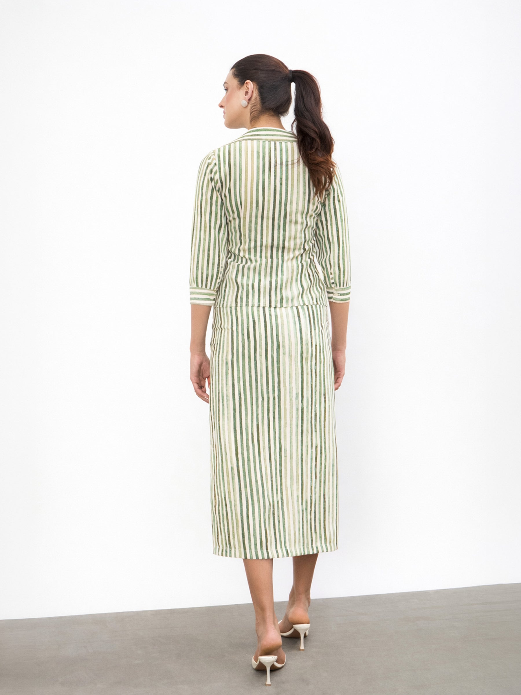 Women Green Linen Striped V-Neck Button Top With A-Line Midi Skirt