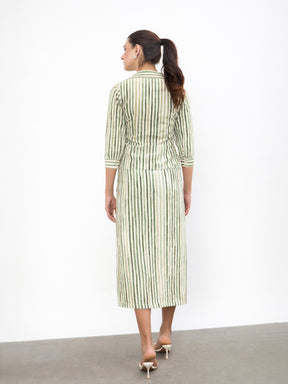 Women Green Linen Striped V-Neck Button Top With A-Line Midi Skirt