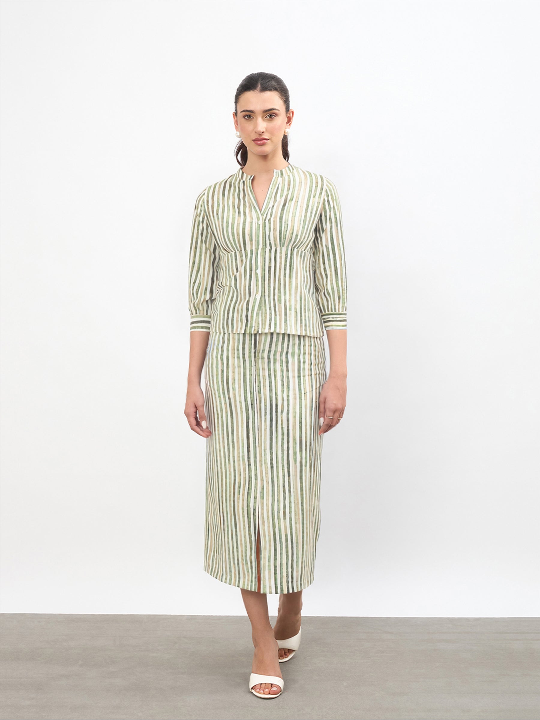 Women Green Linen Striped V-Neck Button Top With A-Line Midi Skirt