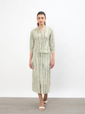 Women Green Linen Striped V-Neck Button Top With A-Line Midi Skirt